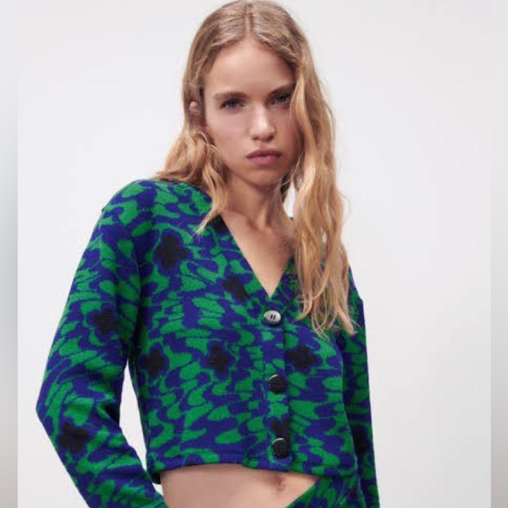 Zara Womens Blue and Green Button Up Floral Jacquard V- Neck Cardigan Small